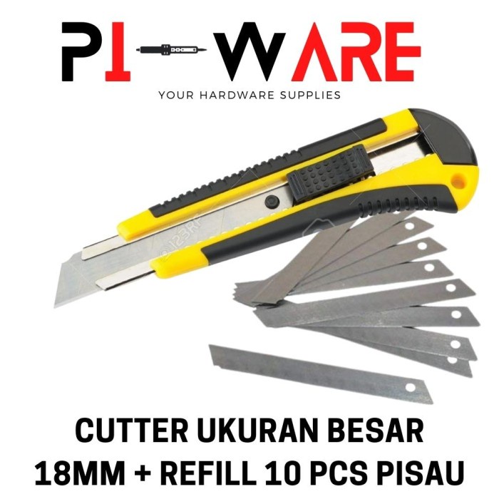 CUTTER Knife Pisau Pemotong Tajam UKURAN BESAR 18mm Plus Refill 10Pcs