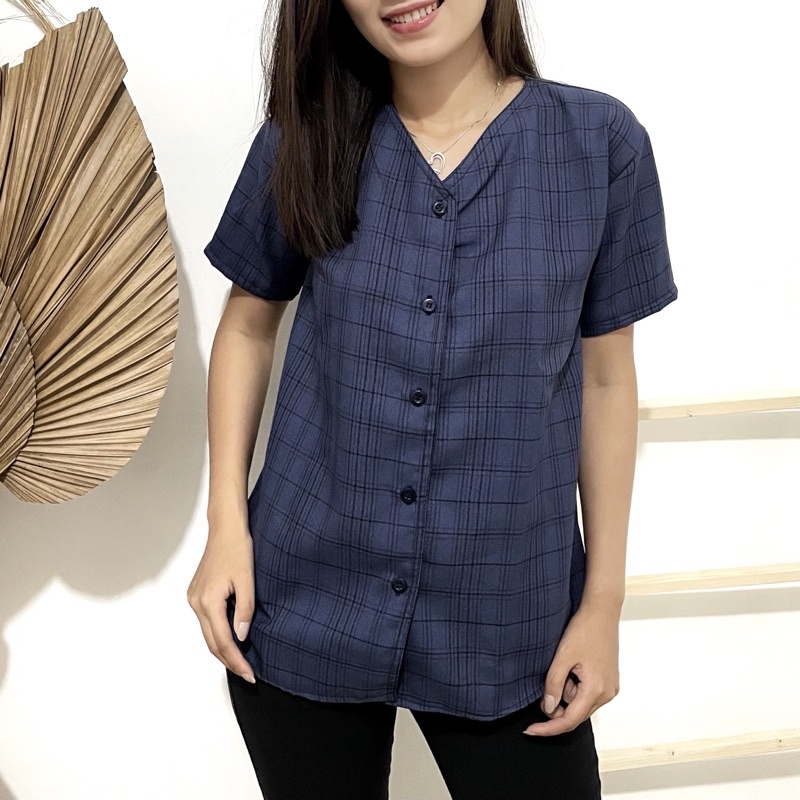 CUTIES TOP - ATASAN KEMEJA CASUAL WANITA KOTAK BUTTON LENGAN PENDEK (KML1)