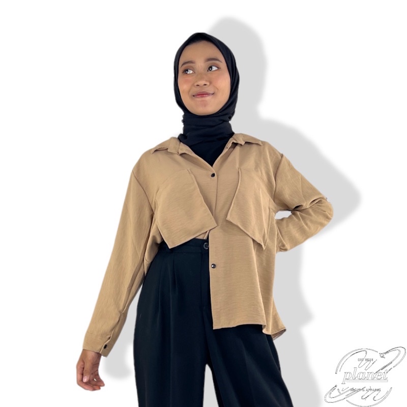 BLOUSE SAKU KEMEJA CRINCLE WANITA KEMEJA CRINKLE POLOS LENGAN PANJANG KEMEJA FORMAL KERJA