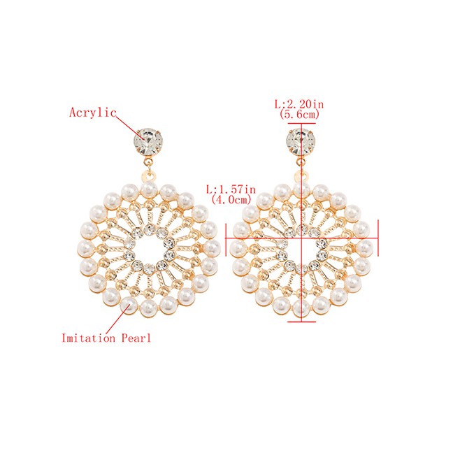 LRC Anting Tusuk Fashion Golden Round Alloy Diamond And Pearl Openwork Earrings K10066