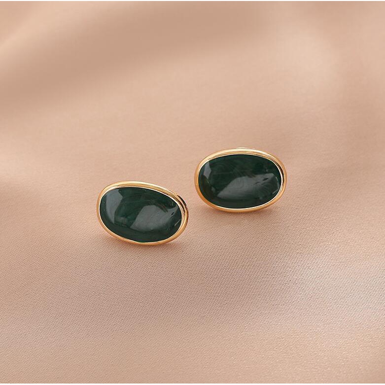 925 jarum perak Oval geometris telinga wanita retro elegan gelap hijau anting-anting niche Bahasa Pe