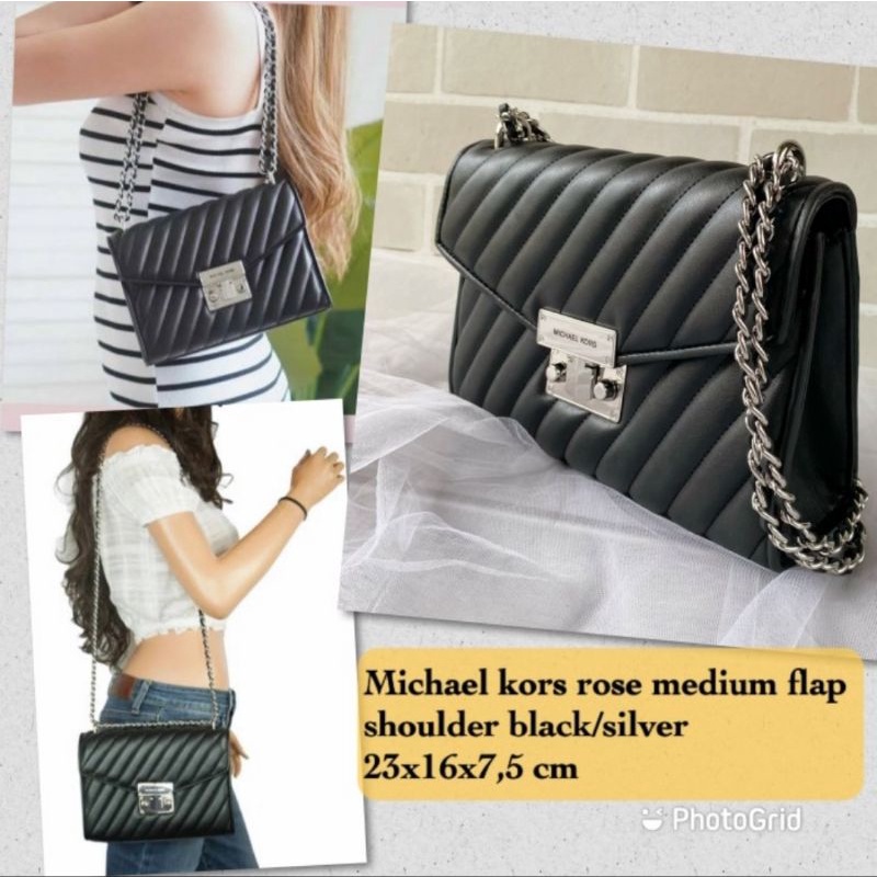 Tas Wanita Original Authentic Rose Medium Flap Quilted Black Hardware Silver i