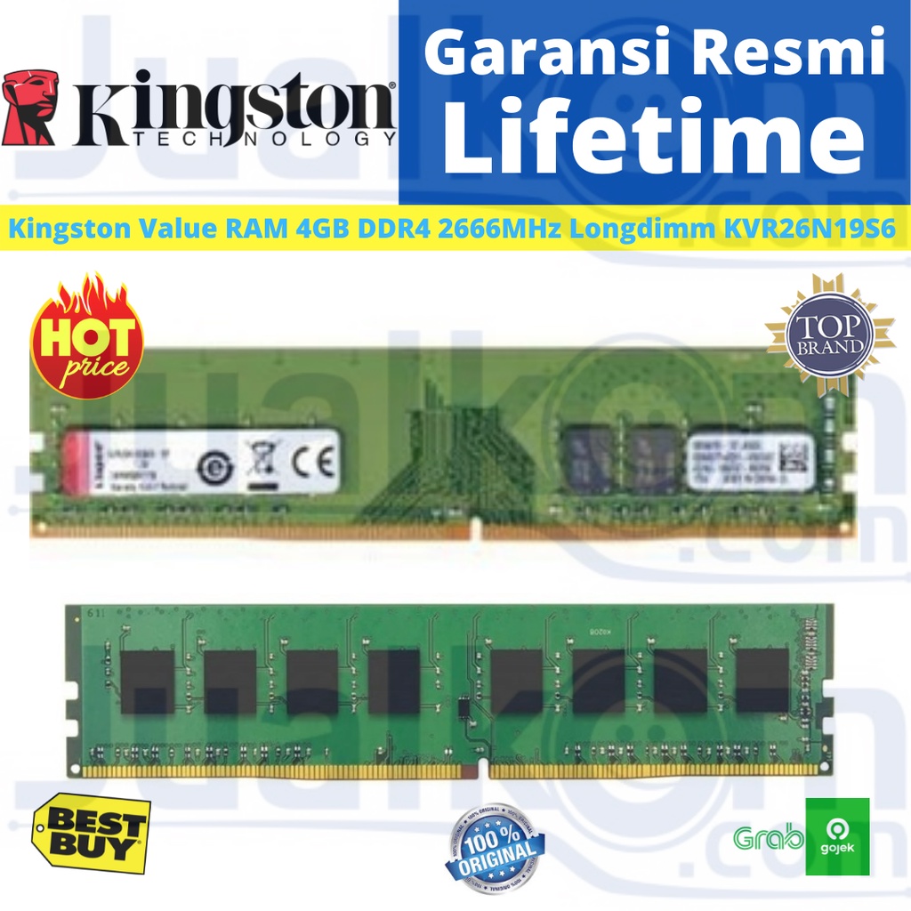 Ram DDR4 Kingston KVR26N19S6 DDR4 4GB PC2666 Longdimm Resmi