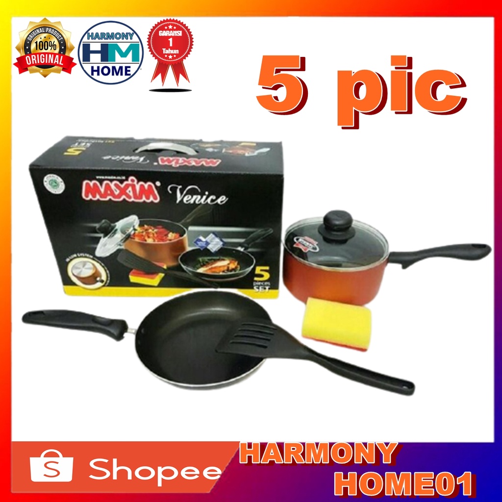 Maxim 5 Pcs Venice Set Panci Wajan Penggorengan Teflon Anti Lengket (Frypan 20 cm + Saucepan 18 cm) - Hitam Emas