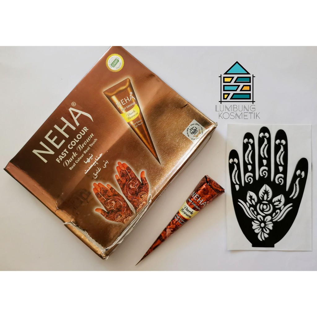 Paket Henna Neha Cokelat Dark Brown Cokelat +Cetakan Sticker Hena Ecer