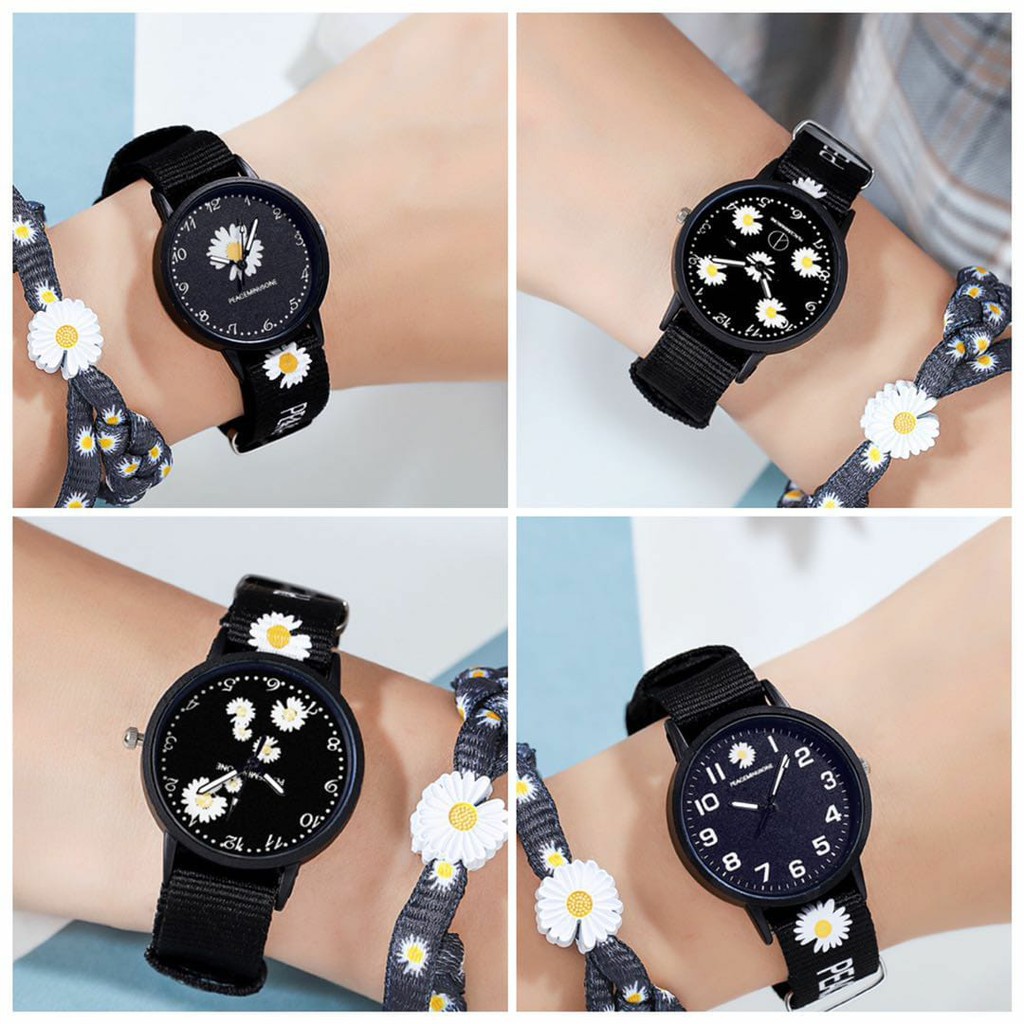 [COD] Watchyou JamTangan Wanita A0056 Gaya Korea Motif Bunga Daisy Strap Kanvas Untuk Pasangan