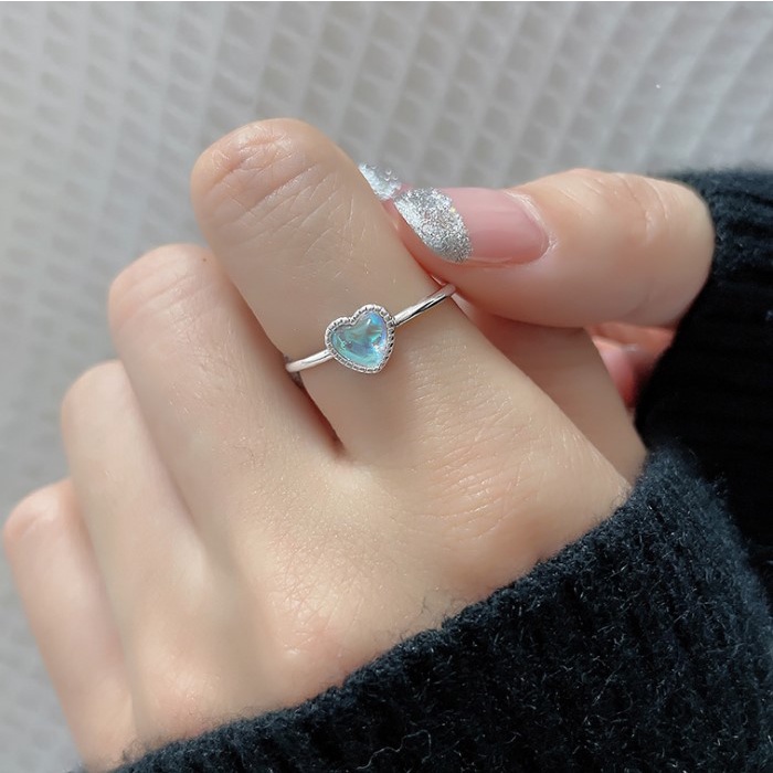 Girl Cute Love Heart-Shaped Ring Peach Heart Moonstone Korean Style Sweet Open Adjustable Ring