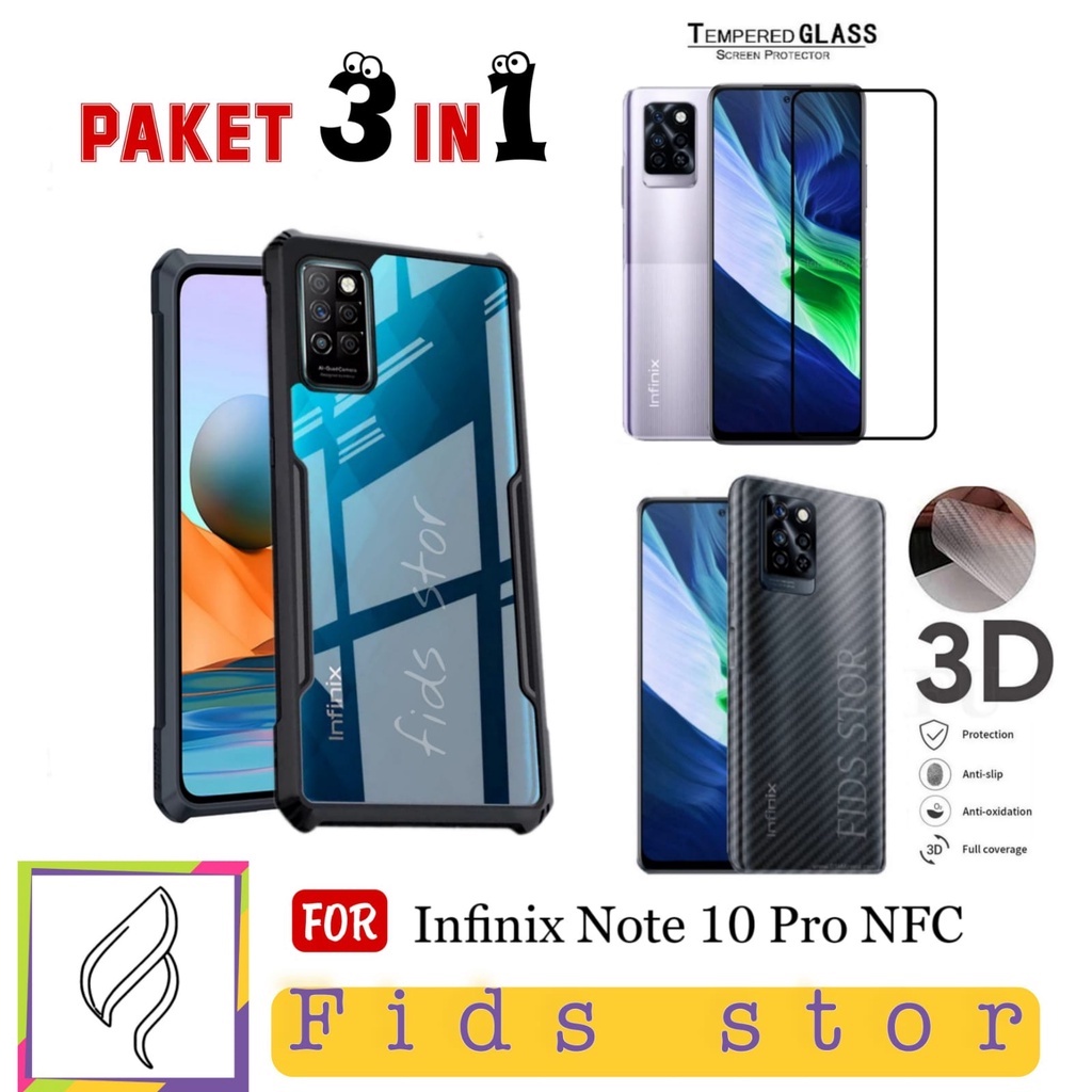 PROMO 3in1 CASE SHOCKPROOF + TEMEPERED GLASS FULL COVER BLACK + GARSKIN For INFINIX NOTE 10 PRO NFC