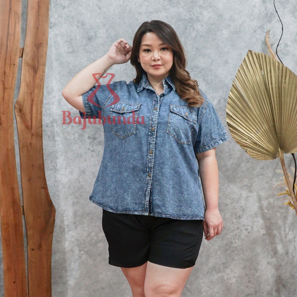 KEMEJA WANITA JUMBO BIG SIZE DENIM JEANS LENGAN PENDEK XXXL BAJUBUNDA IRENE-SNOW BLUE