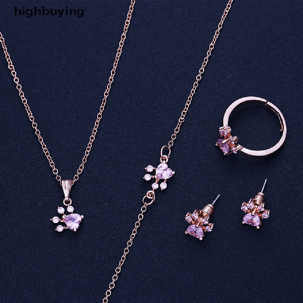 Hbid 4pcs / Set Kalung + Gelang + Cincin + Anting Bentuk Telapak Kaki Anjing Aksen Kristal Untuk Hadiah