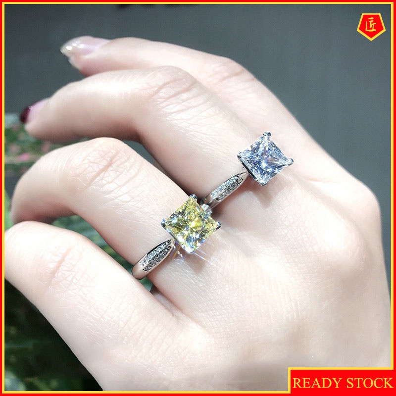 Cincin Lapis Emas Hias Berlian Imitasi Persegi Warna Kuning Ala Princess Untuk Wanita Pt950