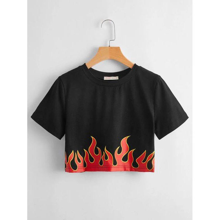 Clothing May - Kaos Crop Top Fire Api Kaos Distro Croptop Atasan Krop Top Wanita Cewek Viral