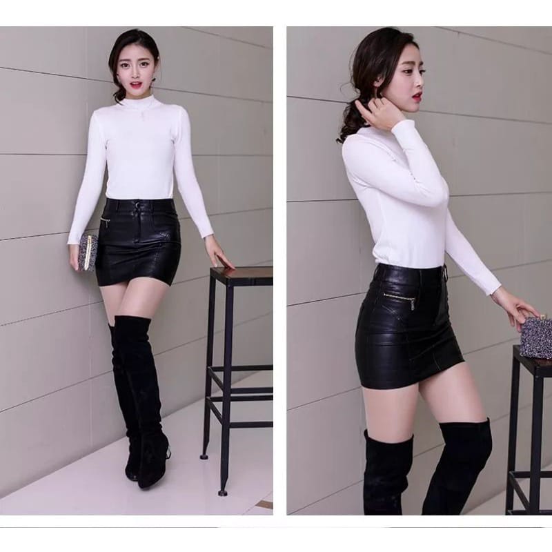 ok Mini Wanita Kulit Sintetis Seksi Mini Skirt Rok Pendek Pas Badan Saku Ritsleting A-line HighWaist Rok kulit modern 2022