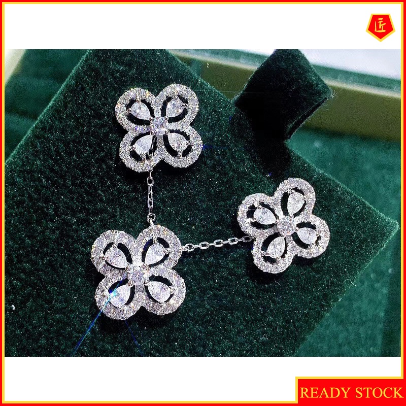 [Ready Stock]Fashion Four-Leaf Clover Moissanite Ear Stud Necklace