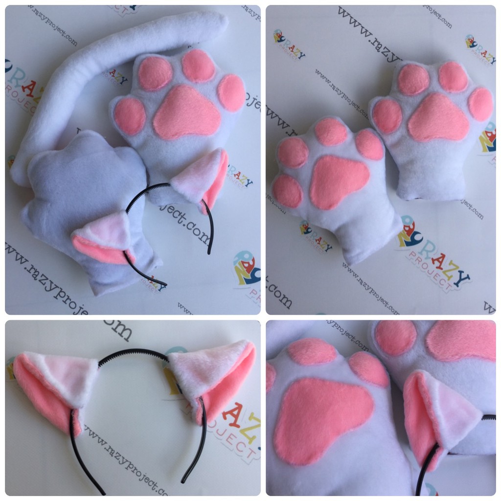 Neko Mimi Paw Tail Bando Tangan Ekor Kucing Lucu Cosplay Anime White Putih Pink