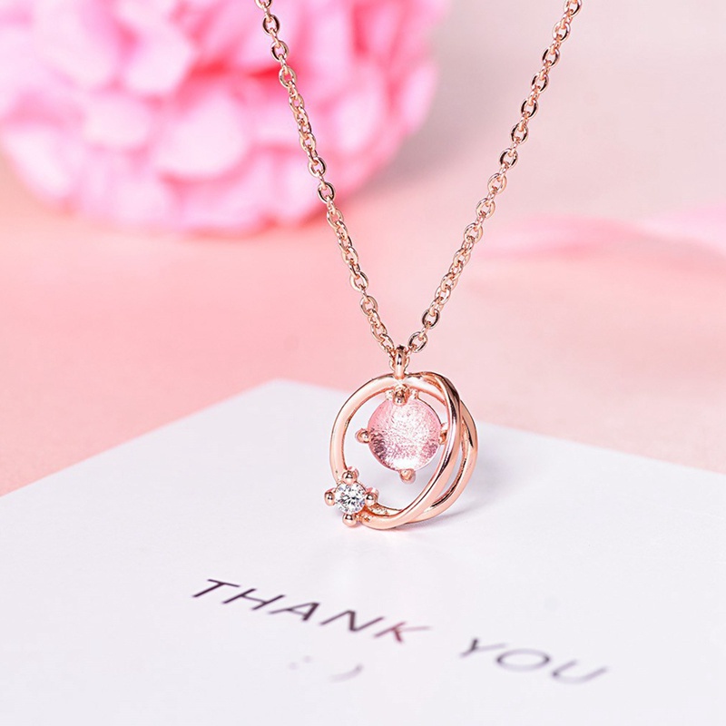 Kalung Liontin Necklace Pink Crystal Planet Pendant Necklaces Women Simple Cute Jewelry Gifts