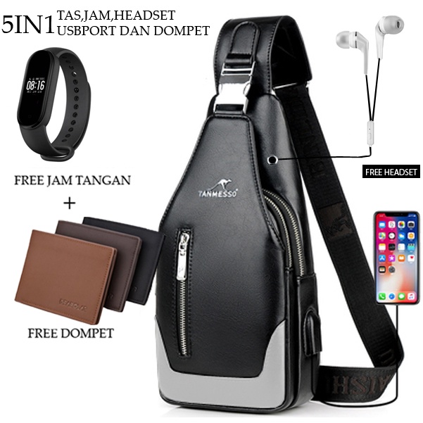 TANMESOO 5IN1 BAYAR DITEMPAT- JAM LED -HEADSET- DOMPET -USBPORT -BAHAN KULIT PREMIUM BUKAN PARASUT ATAU KANVAS-TAS WATERPROOF-TAS SELEMPANG PRIA-SLING BAG PRIA