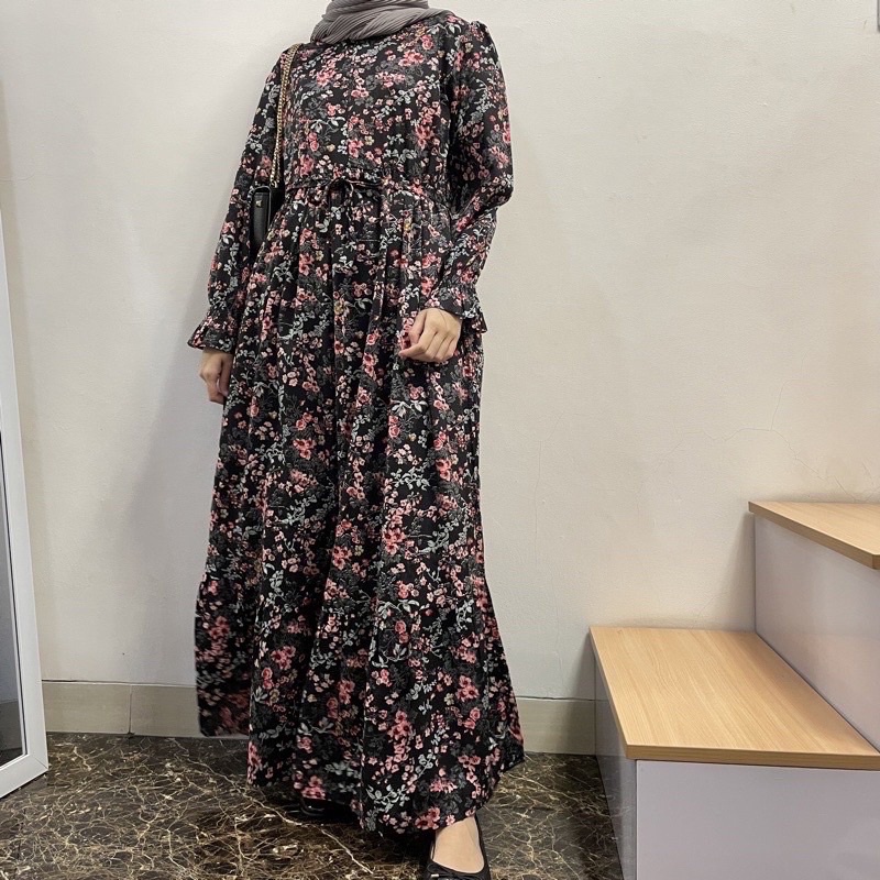 [SIZE STANDAR VOL 1] Floral dress maxi dress panjang gaun casual bunga wanita-Black pink