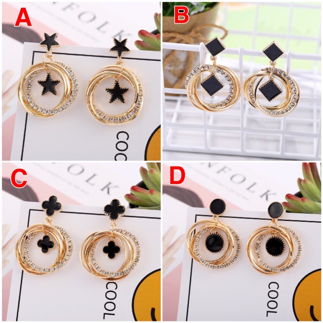 E208， 925 Perak Needle Multilayer Flash Berlian Logam Stud Earrings Korea