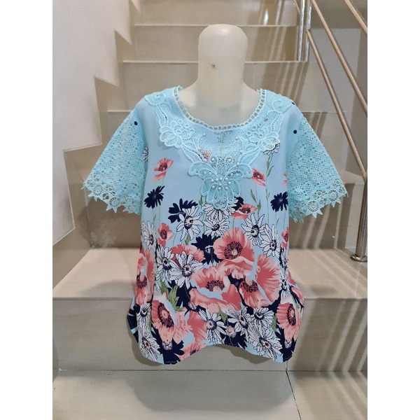 Blouse Brukat Bunga Renda Combi Brukat Impor XL-2XL-267 - Biru Ld 108