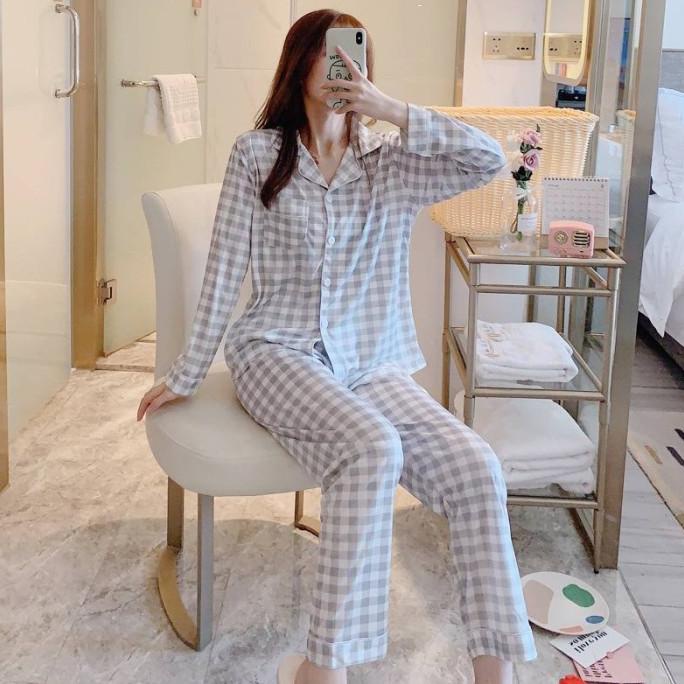 Piyama Wanita Lengan Panjang Import- Setelan Motif Korea Kotak-Kotak
