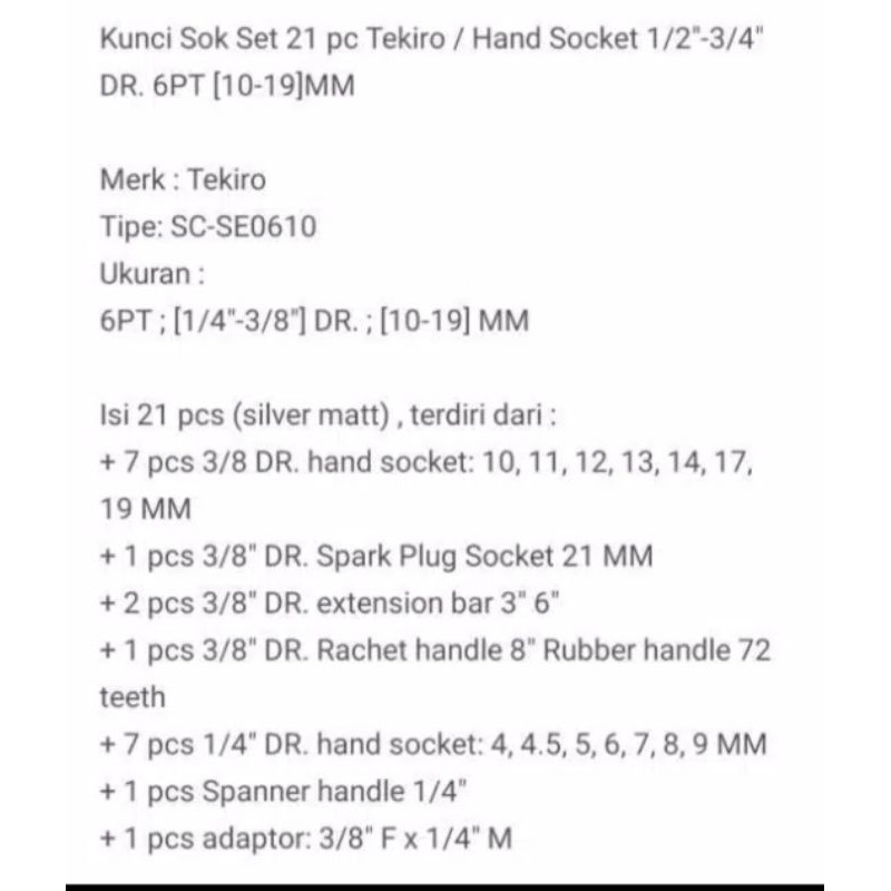 Kunci sock set 21 pcs tekiro/ tekiro kunci socket set 21 pcs