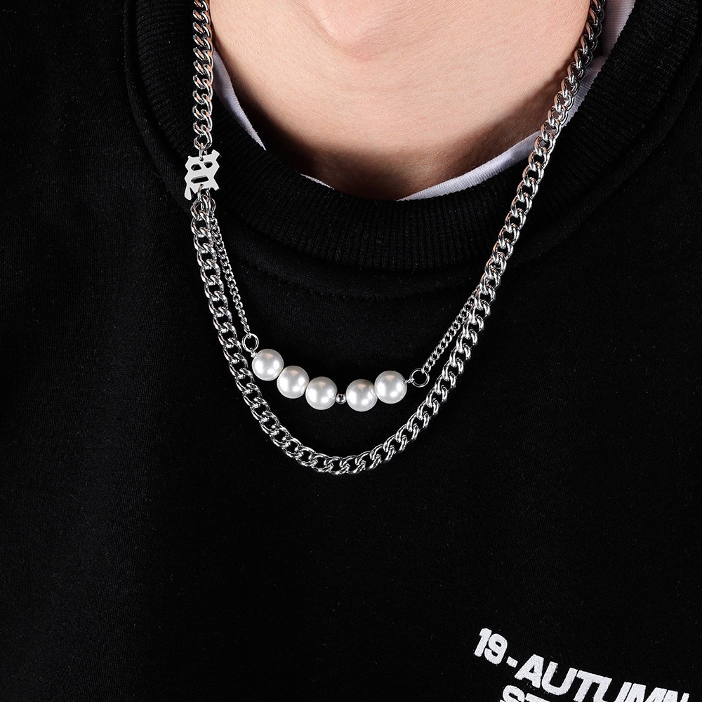 Kalung Rantai Double Layer Aksen Mutiara Gaya Hip Hop