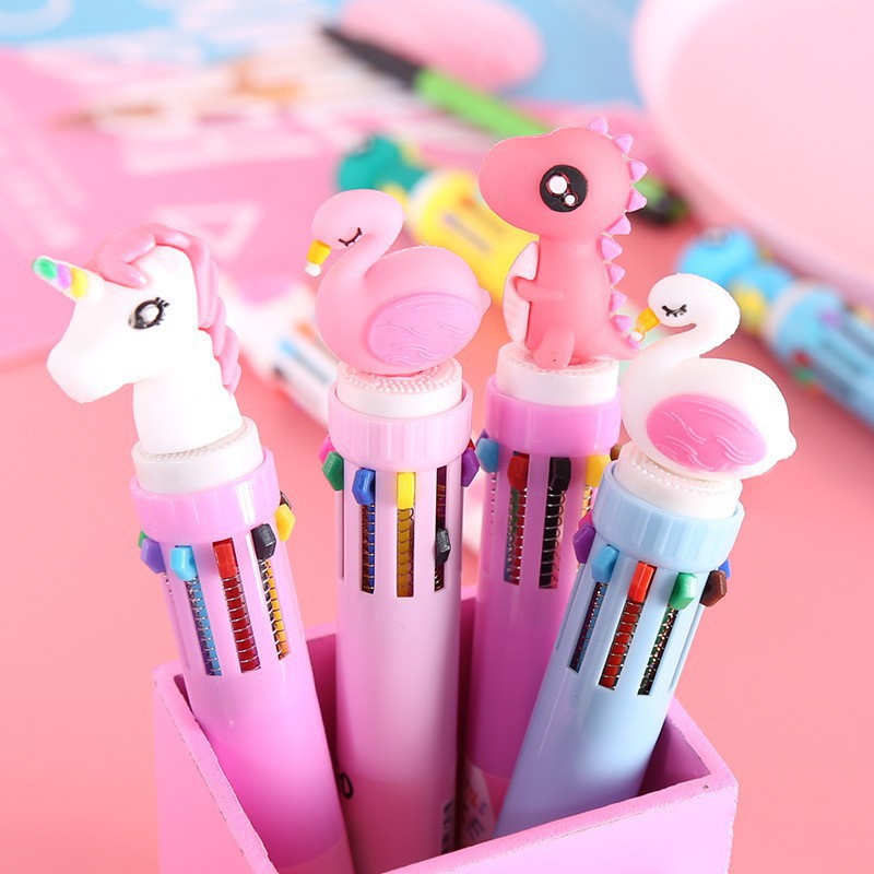 10 in 1 Pen Ballpoint Desain Kepala Unicorn Lucu, Beraneka Macam Warna