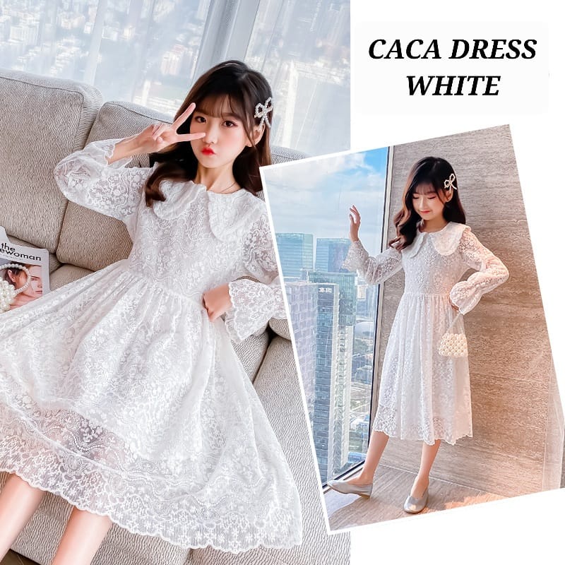 CACA DRESS WHITE GAUN PUTIH ANAK CEWEK KOREA IMPORT DRES KOMUNI ELEGAN