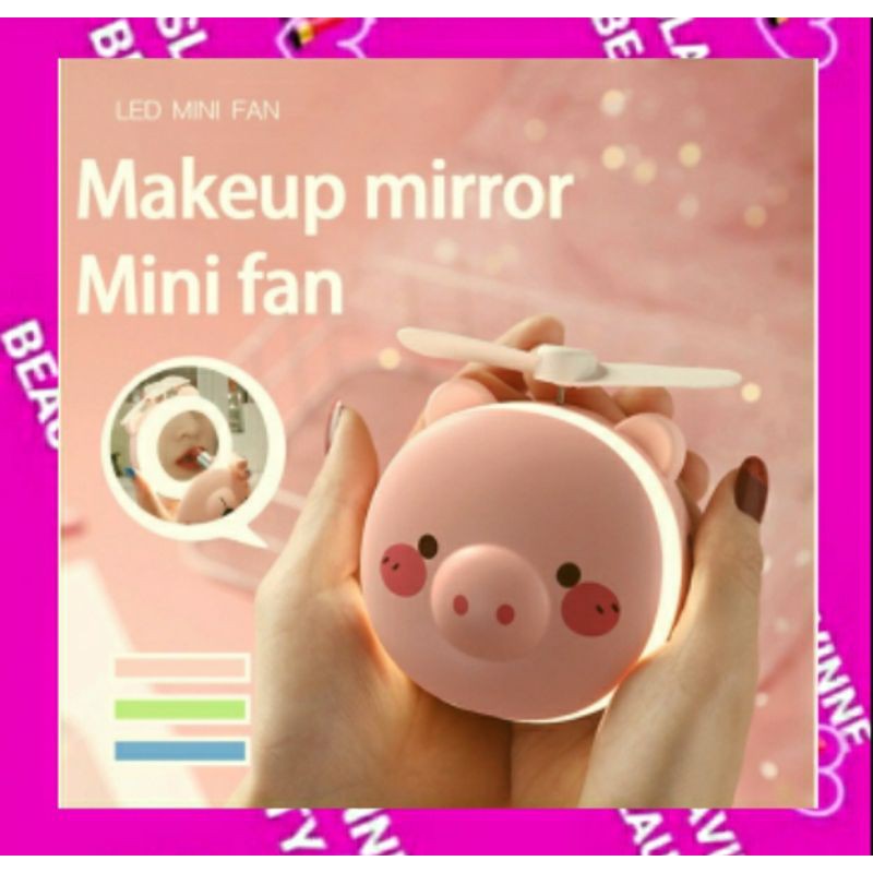 Mini Fan LED Miror Karakter Cermin Lampu Kipas Mini Rechargeable