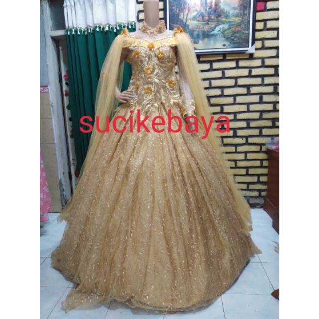 gaun pengantin tile akar emas leher undak slayer ekor panjang