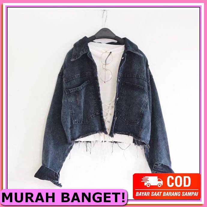 Jaket Jeans Wanita Oversize Crop Import Murah Kekinian Jumbo Terbaru Cewek Jins Levis Jacket Black D