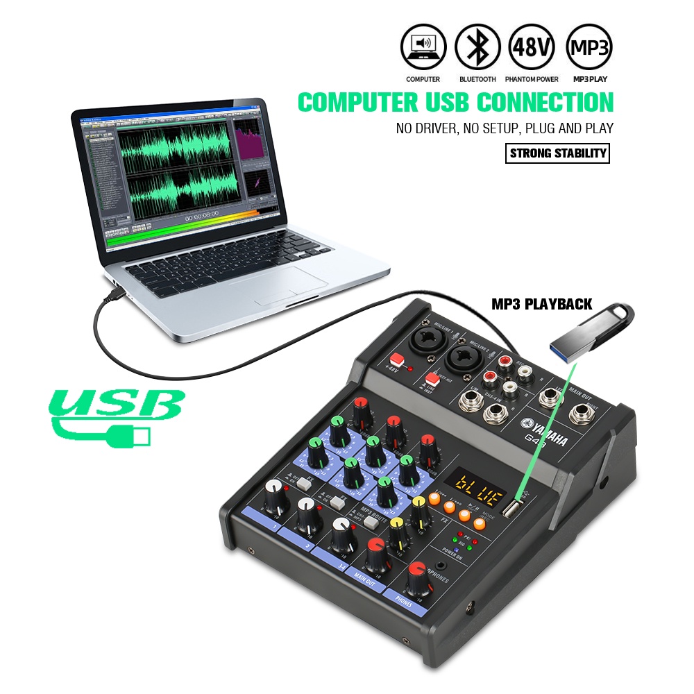 AUDIO MIXER  G4 SBLUETOOTH,USB,RECORD,SOUNDCARD,REVERB Mixer audio saluran 4