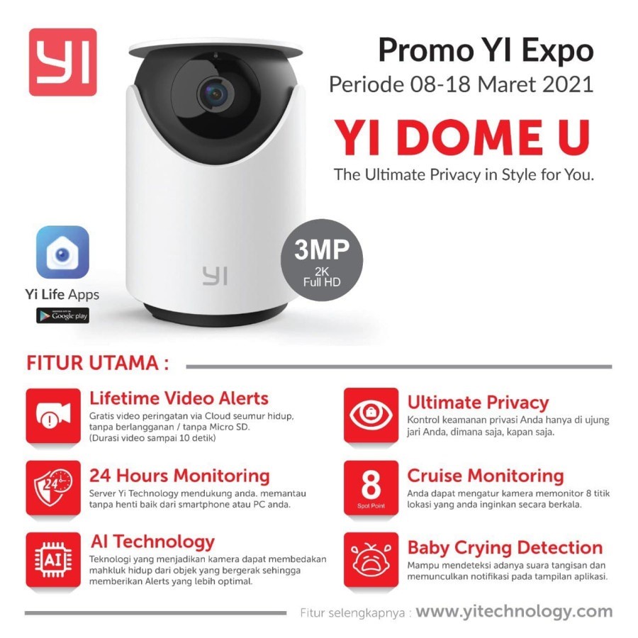 Yi Dome U CCTV 1296P 3MP Smart IP Camera - Garansi Resmi