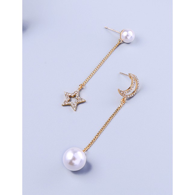 LRC Anting Tusuk Fashion Pearl Alloy Asymmetric Diamond Star Moon Pearl Stud Earrings F92066