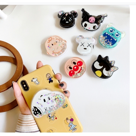 POP SOCKET QUICKSAND GLITER DESAIN KARTUN CUTE PHONE HOLDER EXPANDING STAND FINGER IMPORT