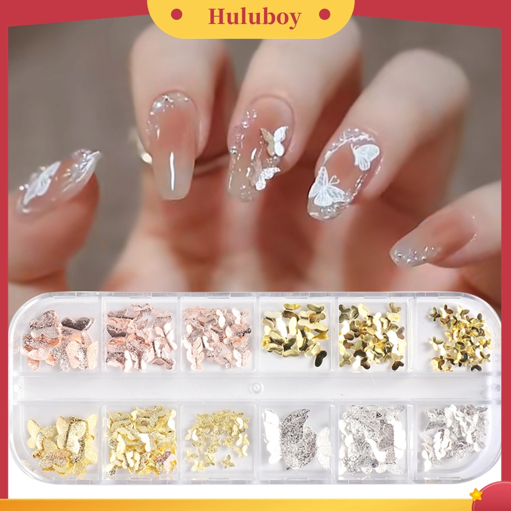 Huluboy Huluboy♡ 1 Kotak Dekorasi Nail Art 3D Bentuk Kupu-Kupu Bahan Metal Tahan Pudar Untuk Manicure