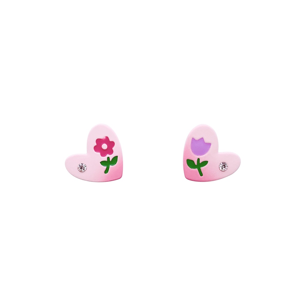 Anting Stud S925 Silver Bentuk Hati Bunga Tulip Warna Gradasi Pink Untuk Wanita