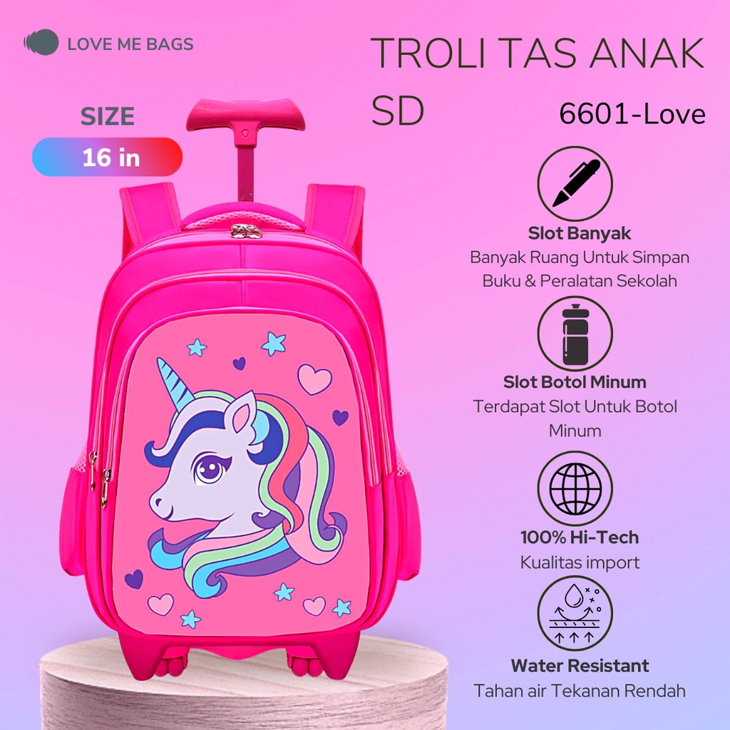 LMB Tas Troli Anak Perempuan SD Gambar Karakter Kuda Poni Unicorn Timbul 6D Import Bahan Nilon Premium