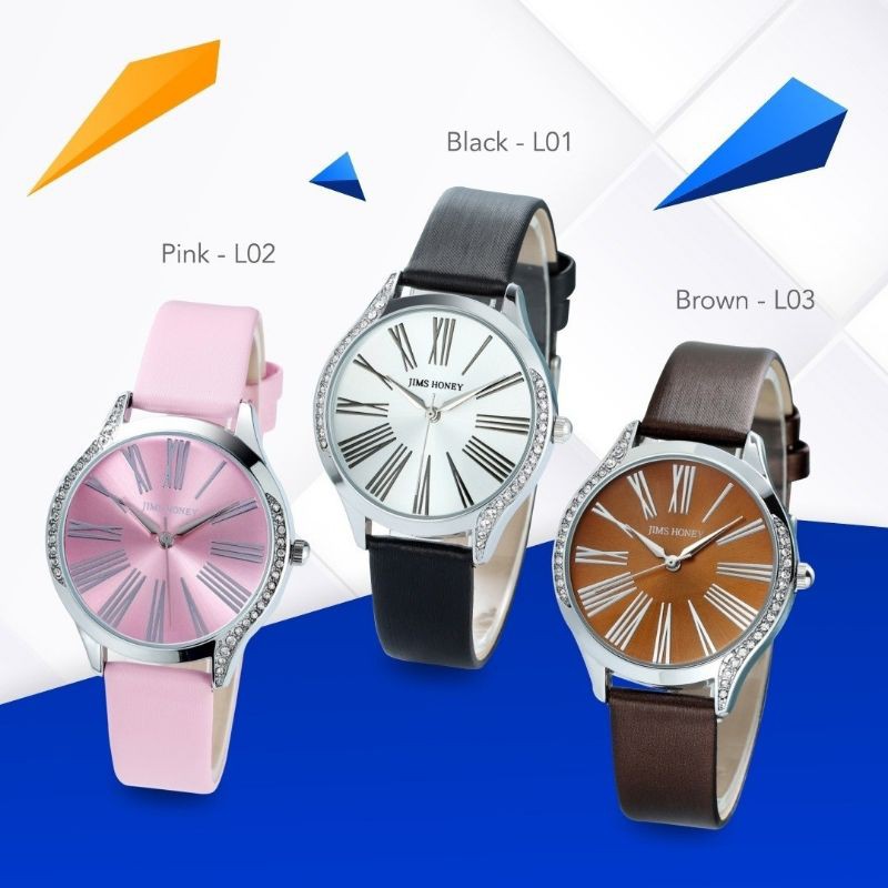 Jam Tangan Wanita Jims Honey 8125 Watch Besar Kulit Wanita Berlian Murah Mewah Pink Coklat