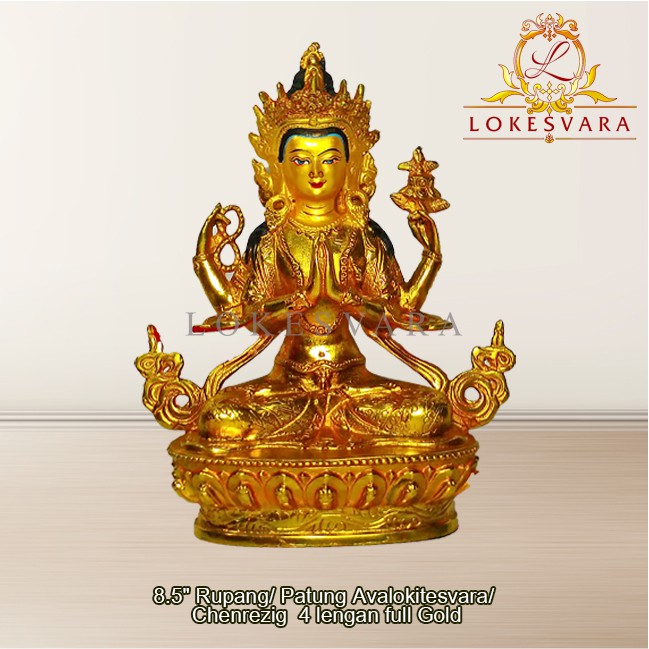 Patung Rupang Arca Logam Avalokitesvara 4 Lengan 8.5inch Full Gold