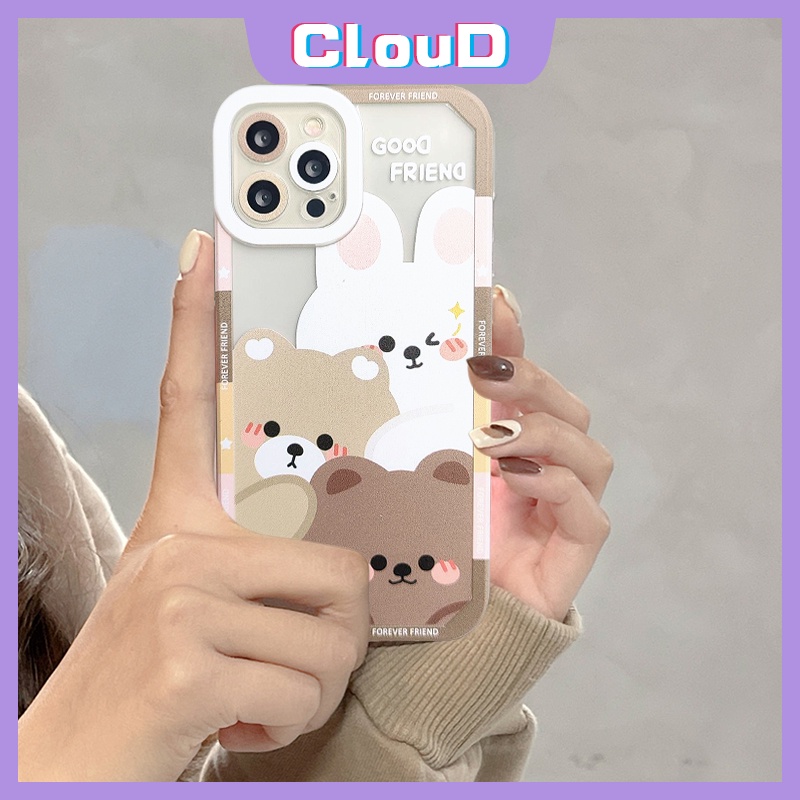 Casing Ponsel Kartun Beruang Kelinci Untuk Iphone11 7plus XR iPhone 6 6s 8 7 Plus 11 12 14 13 Pro MAX X XS MAX SE 2020pelindung Kamera Tahan Guncangan Teman Hewan Lucu Bening Lembut TPU Cover