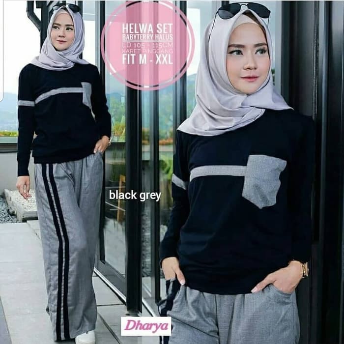 Baju Muslim Gamis setelan Helwa Hijab Casual Pakaian Wanita Hijab Modi - Hitam