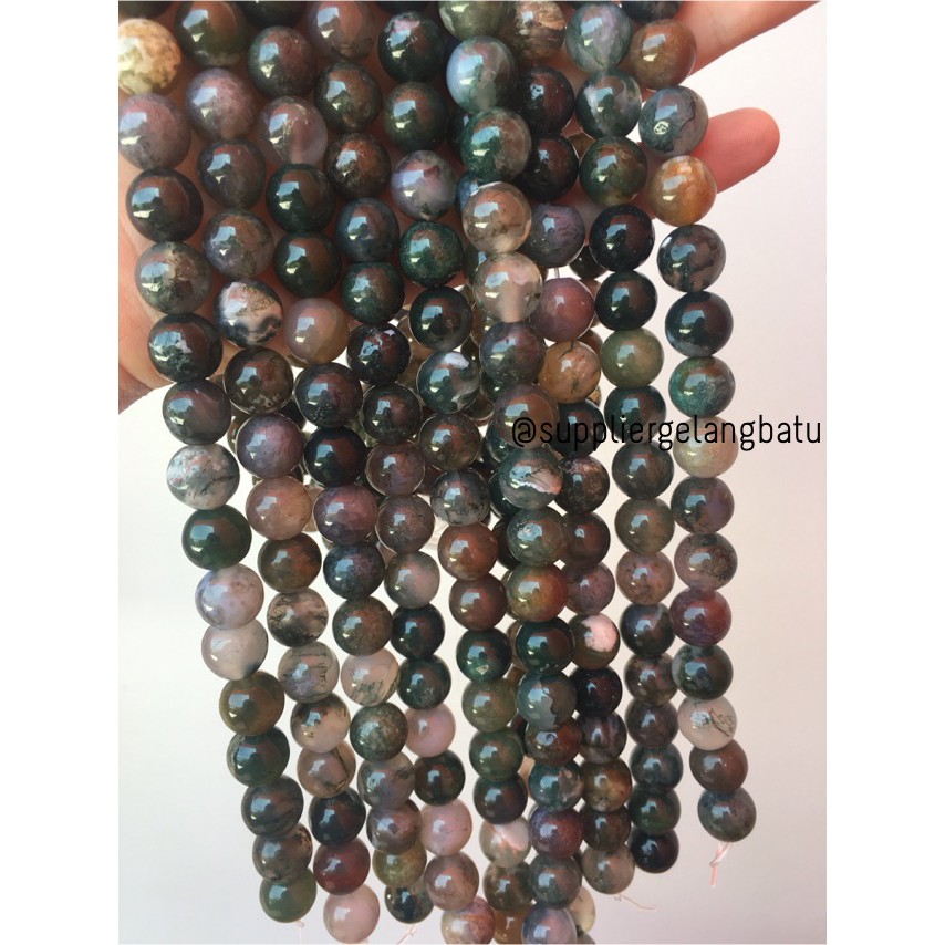 natural india agate batu bloodstone alam akik badar lumut 12mm renceng aksesoris pria wanita formal