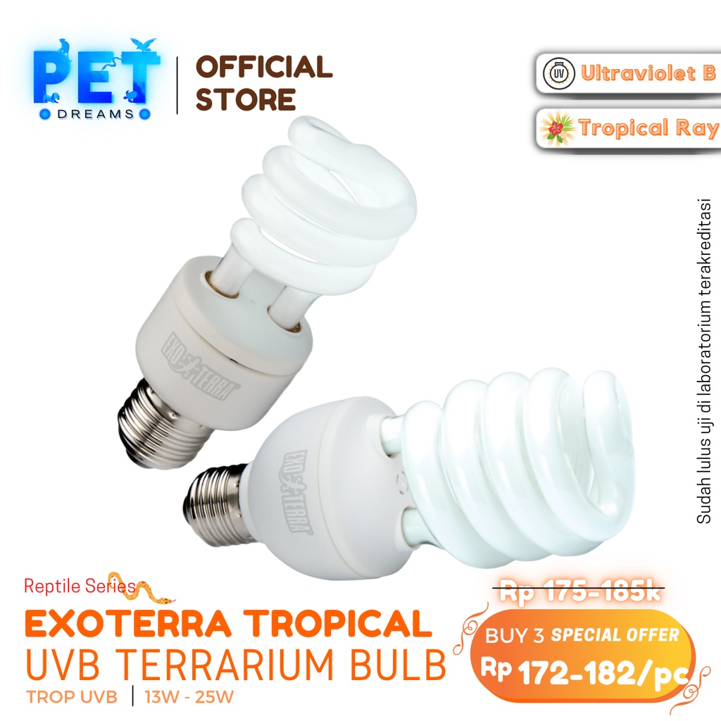 PROMO LAMPU UVB 100 EXOTERRA TROPICAL TERRARIUM CALCIUM BULB REPTIL TROPIS TORTO KURA IGUANA