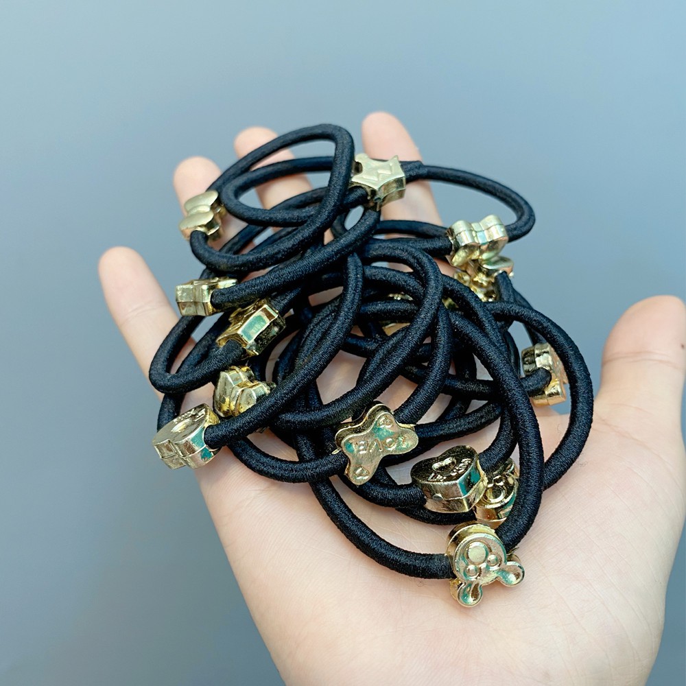 Ikat Rambut Bahan Karet Elastis Warna Hitam Motif Bunga Dan Hati Untuk Wanita