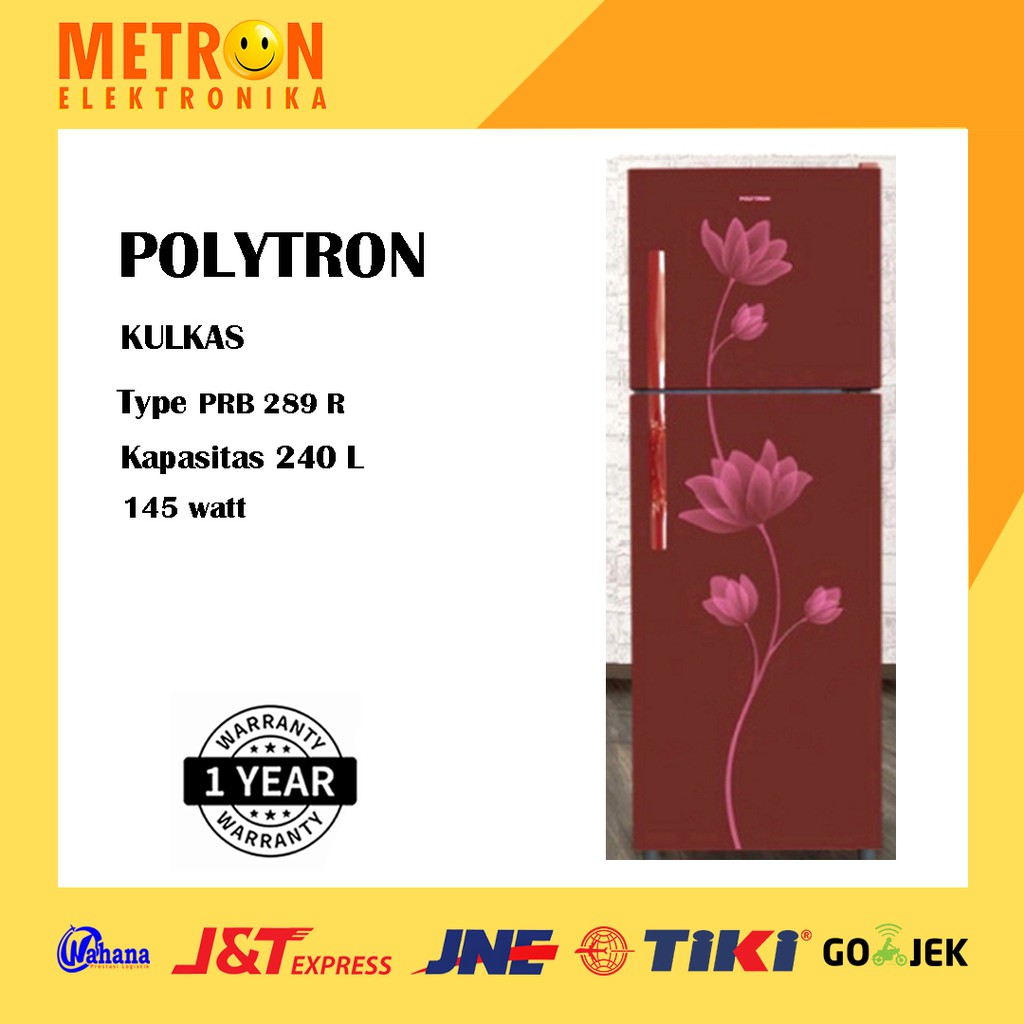 POLYTRON PRB 289 R KULKAS 2 PINTU 240 L / RED / RAK TEMPERED GLASS / PRB289R