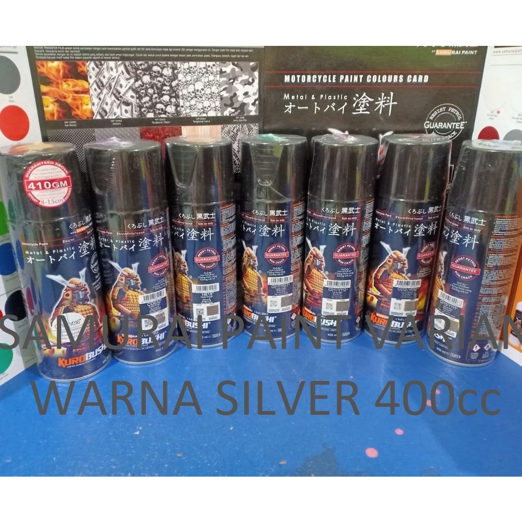 Samurai Paint Kurobushi Cat Semprot Pilox Pilok Varian Warna SILVER / PERAK (Silver Grey, Silver Metallic, Sparkling Silver, Vostok Silver, Premium Silver, Starlight Silver, UCY113 Silver, Hi-Temp Silver, dll ) 400cc/400ml