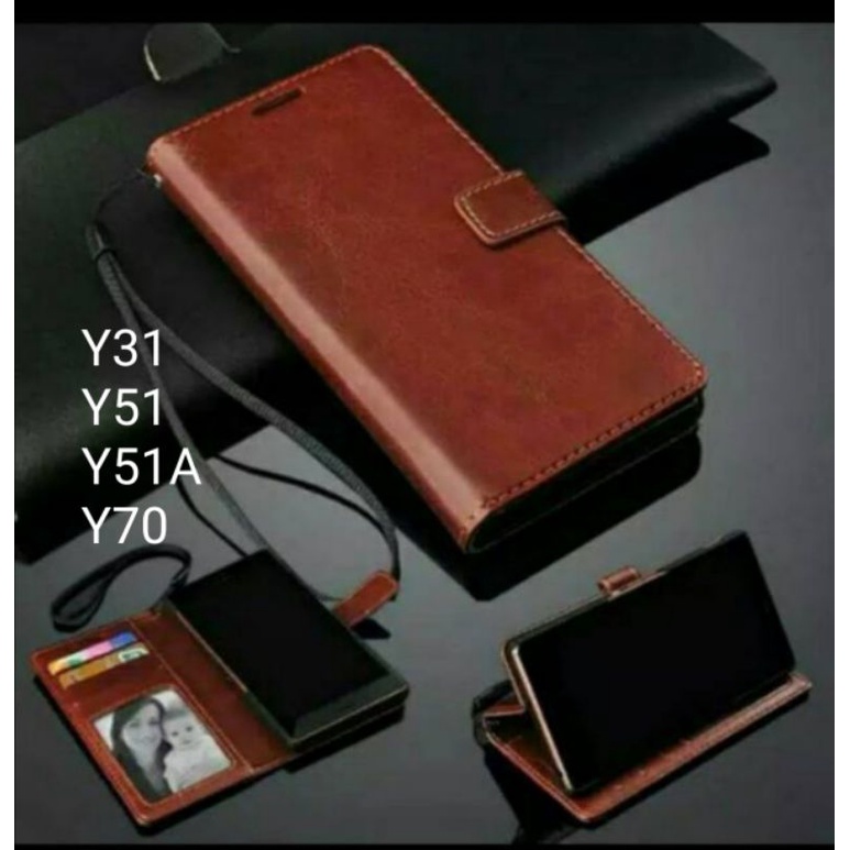 Vivo Y31 Y51 Y51a Y70 Leather Flip Cover Sarung Dompet Wallet Casing Folio Book Cover Case