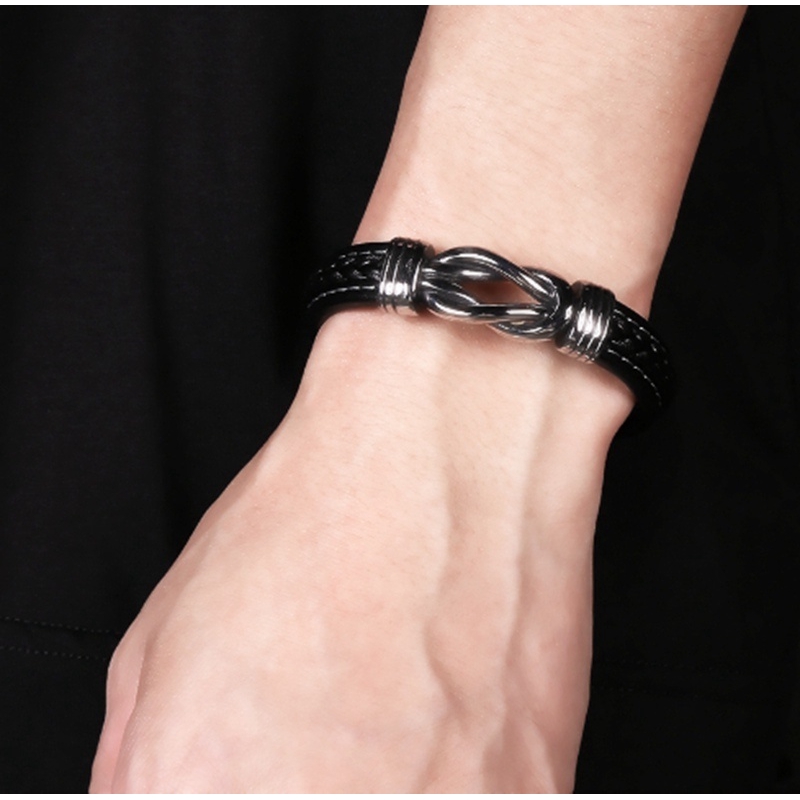 Men Bracelet Black Leather Stainless Steel Charm Magnet Buckle Bracelets Man Cross Knot Punk Jewelry